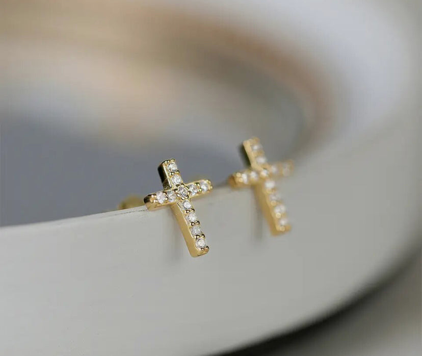 AROS PLATA BAÑADO EN ORO CRUZ PEQUEÑOS