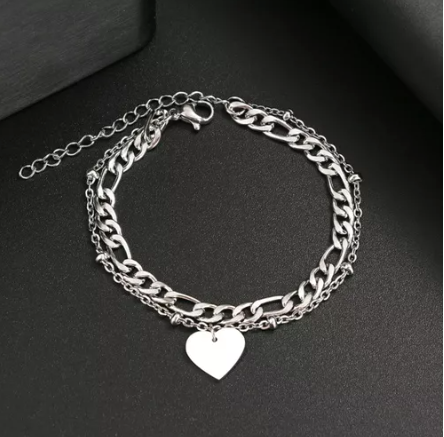 PULSERA ACERO QUIRÚRGICO DOBLE CORAZÓN PLATEADO.