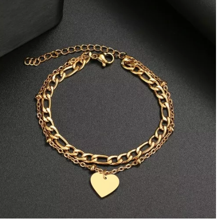 PULSERA ACERO QUIRÚRGICO DOBLE CORAZÓN DORADO.