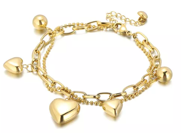 PULSERA CADENA VARIOS CORAZONES DORADA.