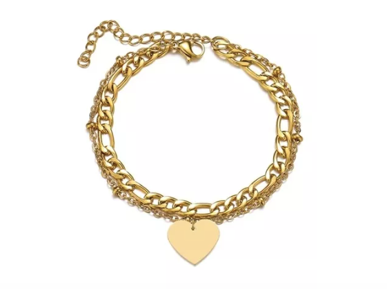 PULSERA ACERO QUIRÚRGICO DOBLE CORAZÓN DORADO.