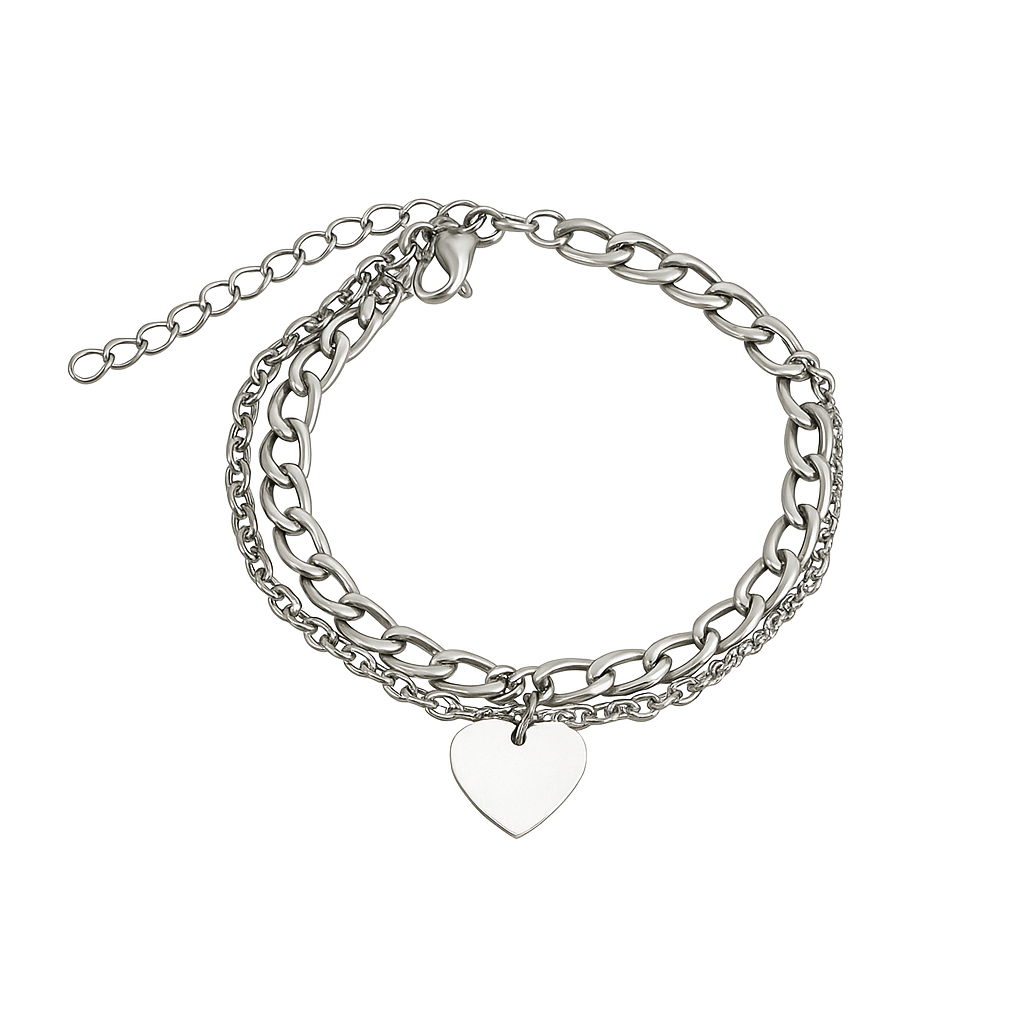 PULSERA ACERO QUIRÚRGICO DOBLE CORAZÓN PLATEADO.