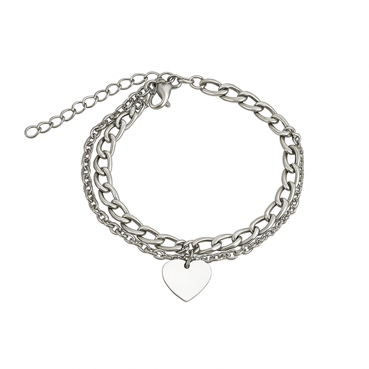 PULSERA ACERO QUIRÚRGICO DOBLE CORAZÓN PLATEADO
