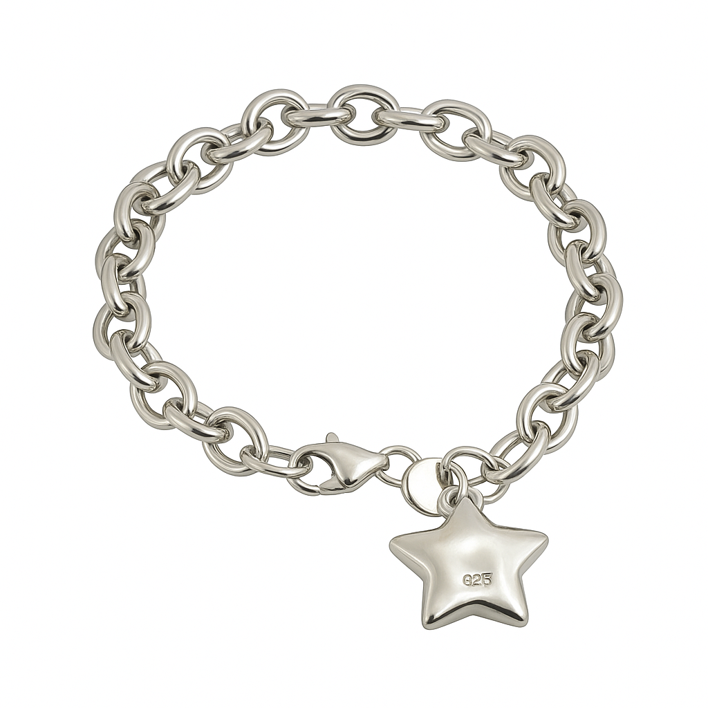 PULSERA ACERO QUIRURGICO GRUESA BAÑADA EN PLATA ESTRELLA.