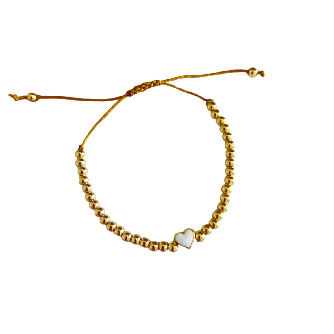 PULSERA ACERO QUIRURGICO CORAZON BLANCO BEADS DORADOS